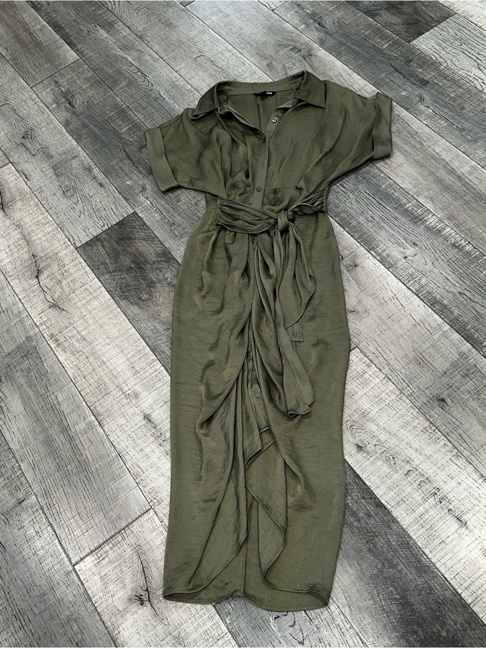 Olive Green Tie-Waist Shirt Dress
